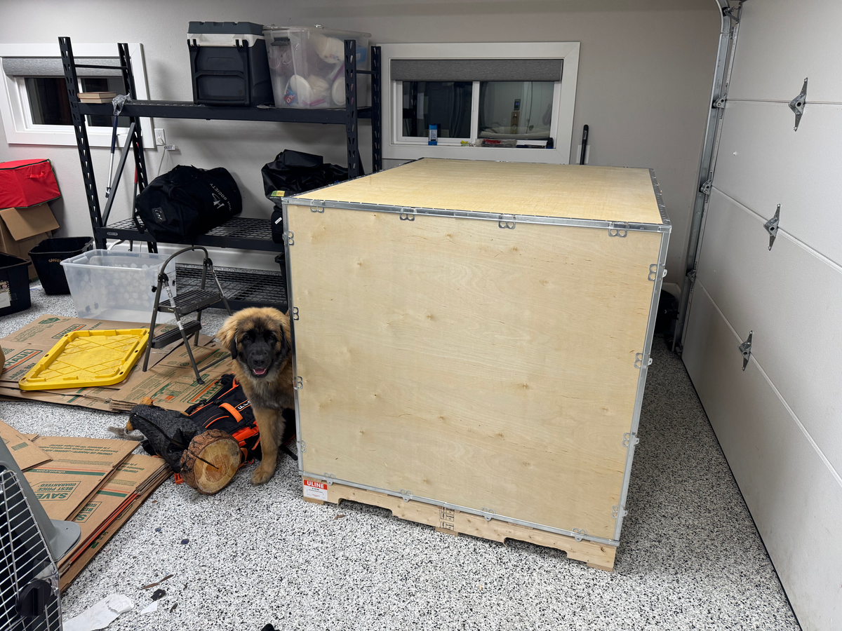 A large wooden Uline shipping crate in a garage next to a Leonberger puppy sitting on flattened cardboard boxes
