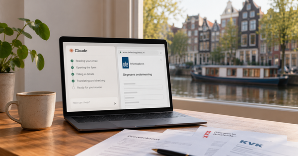 A laptop showing a chat window beside a Dutch government web form, with a canal houseboat in the background